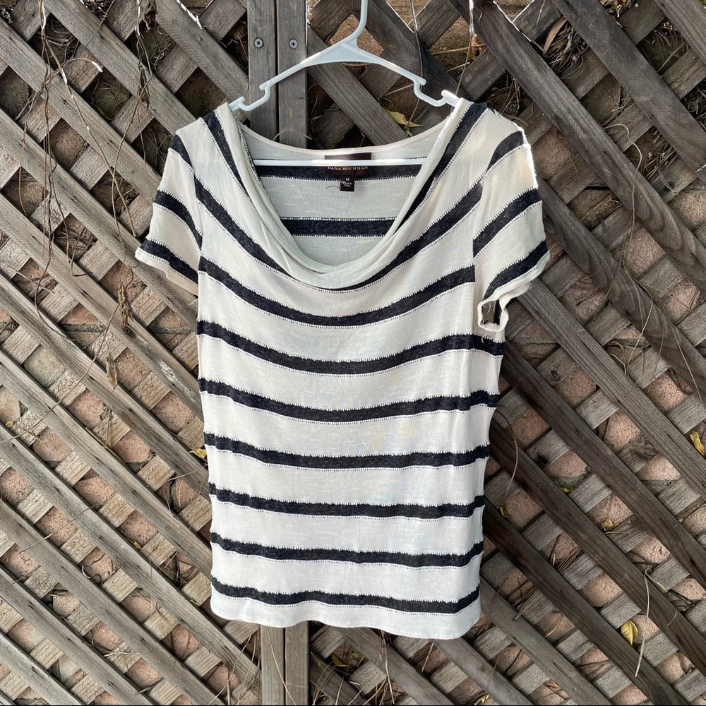 DANA BUCHMAN Women’s Medium Short Sleeve Shirt Cowl Neck White Dark Gray Stripe